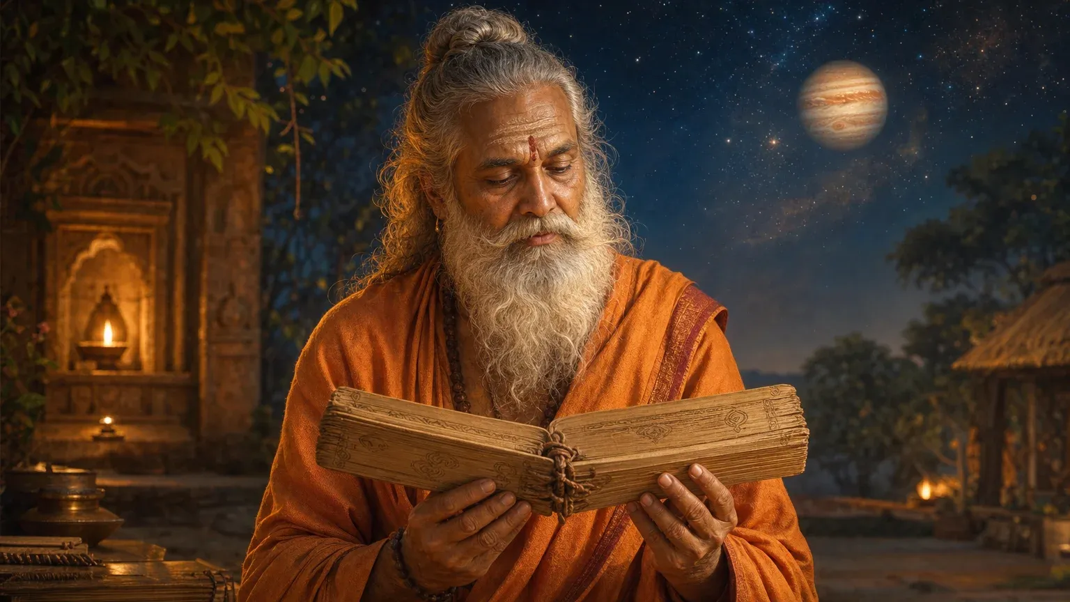 Vedic saint holding an open palm-leaf scripture with Jupiter in the starry sky behind him